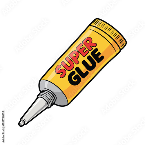 a cartoon illustration showcasing a tube of super glue with a yellow and red label