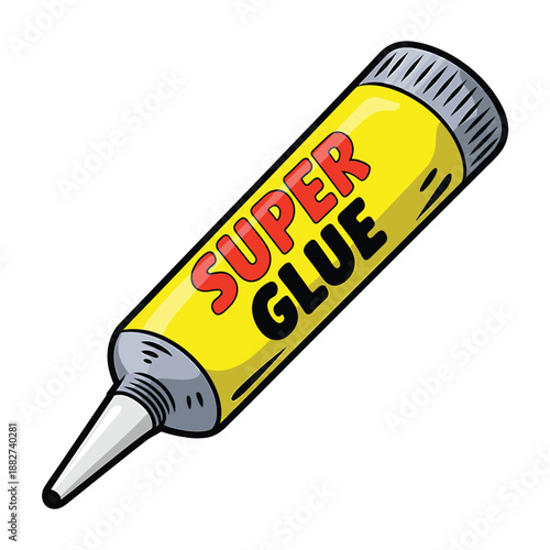 a cartoon illustration depicts a tube of super glue with vibrant yellow and red colors