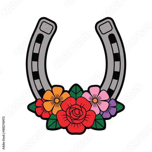 a detailed illustration of a horseshoe adorned with colorful flowers and vibrant foliage
