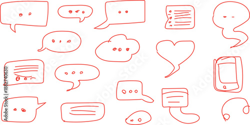 collection of hand-drawn, red-outlined illustrations of various communication icon