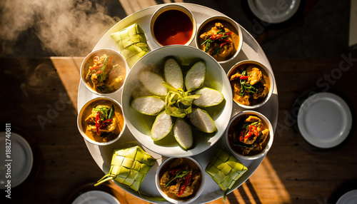 Ketupat and Opor Centerpiece. Islamic Culture – Idul Fitri. Ceramic platter filled with sliced Ketupat surrounded by rich, creamy chicken Opor and chili sauce, serving as the main feast centerpiece.
