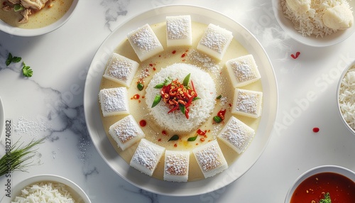 Ketupat and Opor Centerpiece. Islamic Culture – Idul Fitri. Ceramic platter filled with sliced Ketupat surrounded by rich, creamy chicken Opor and chili sauce, serving as the main feast centerpiece.
