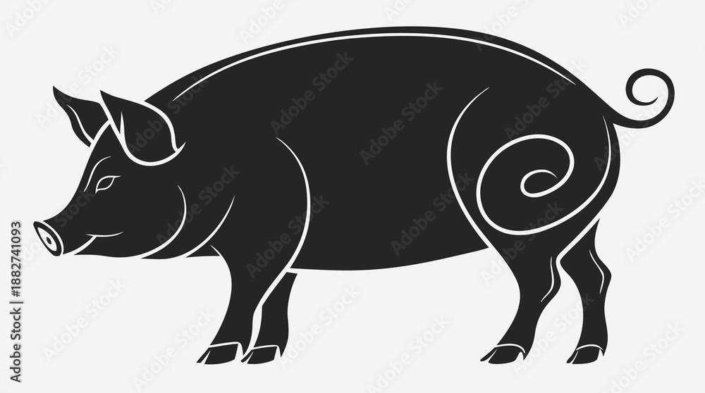 Fototapeta premium A sleek black silhouette of a pig stands in profile showcasing its distinctive curly tail and form
