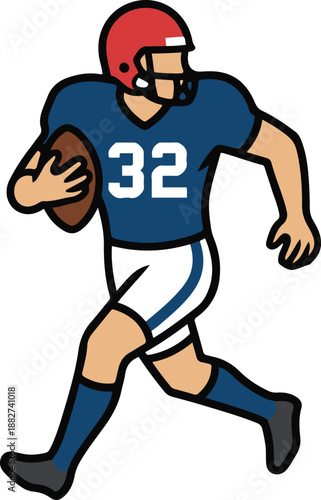 Vector illustration of an American football player wearing a blue jersey with the number 32 and a red helmet, running with the ball isolated on a white background.
