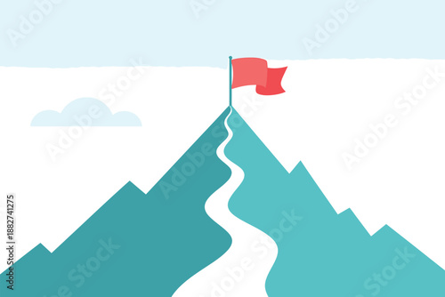 a red flag atop a mountain peak with a winding path leading to the summit