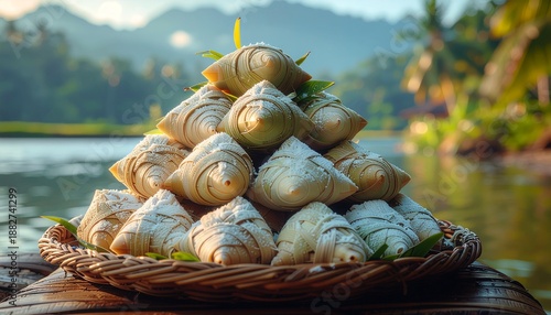 Ketupat and Opor Centerpiece. Islamic Culture – Idul Fitri. Ceramic platter filled with sliced Ketupat surrounded by rich, creamy chicken Opor and chili sauce, serving as the main feast centerpiece.
