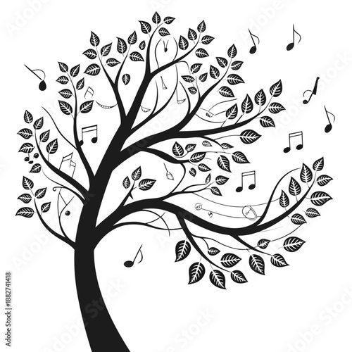A decorative tree with musical notes and leaves in black and white creating a harmonious visual