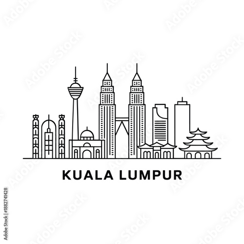 a detailed line drawing illustration showcasing the kuala lumpur skyline architecture