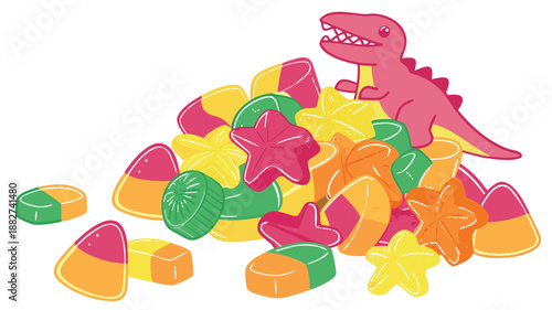 A vibrant pink dinosaur playfully stands atop a colorful abundant pile of various gummy candies
