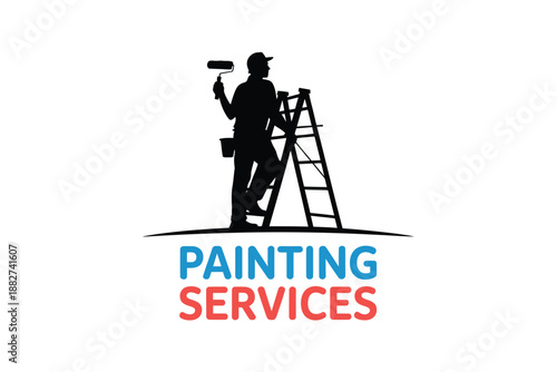 a silhouette of a painter working on a ladder with painting services below