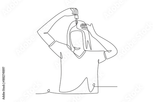 Woman doing hair treatment with serum. Hair care across cultures concept one-line drawing