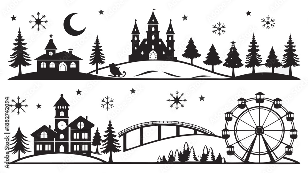 Fototapeta premium Winter wonderland scene with castle ferris wheel and buildings in silhouette against a snowy landscape with moon and snowflakes