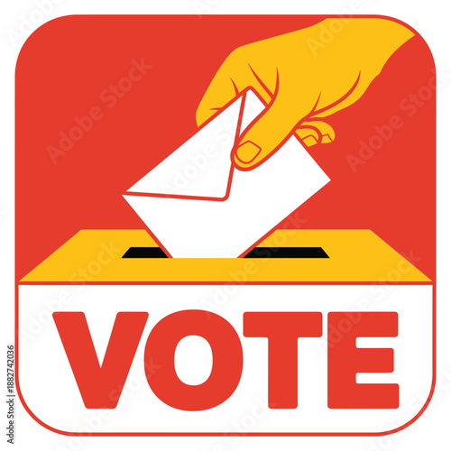 a hand placing a ballot into a voting box with the word vote prominently displayed