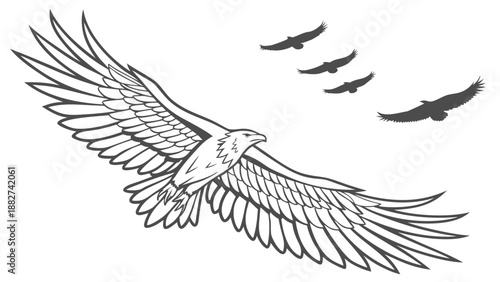 A striking black and white illustration depicts a majestic eagle in flight with accompanying birds soaring