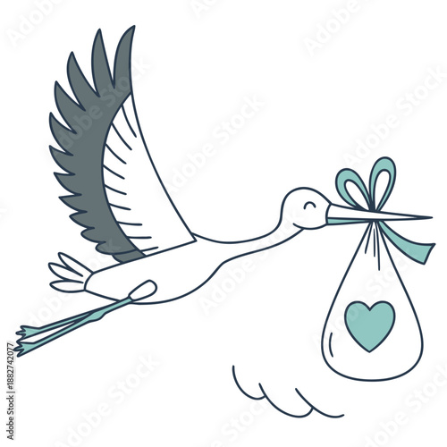 A stylized illustration depicts a stork carrying a bundled baby in a bag symbolizing new birth and happiness