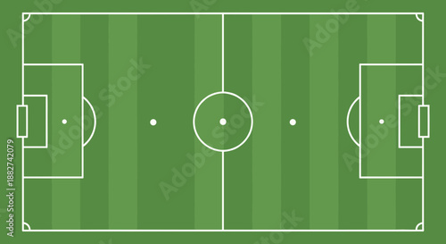 Aerial view of a soccer field with green grass and white markings.