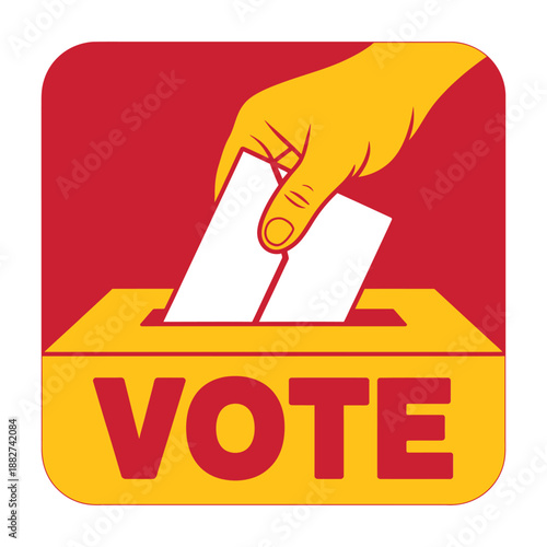a hand inserting a ballot into a yellow ballot box with the word vote