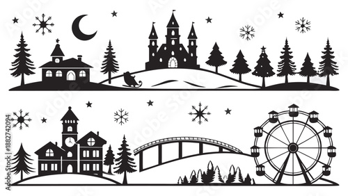 Winter wonderland scene with castle ferris wheel and buildings in silhouette against a snowy landscape with moon and snowflakes