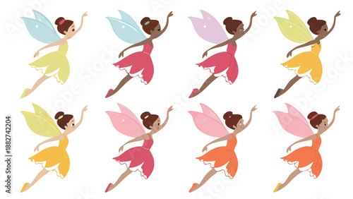 Charming collection of diverse fairies with colorful wings gracefully posed in a whimsical and delightful arrangement