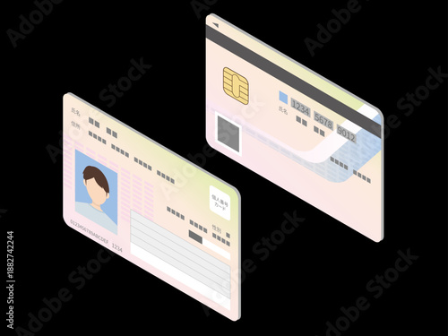 Isometric Japanese Identity Card (My Number Card) on Black Background: [Left Perspective View]