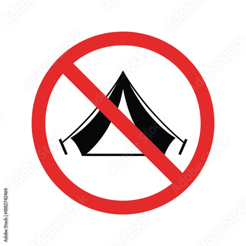 a circular sign prohibiting camping with a tent symbol inside