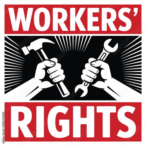 workers rights logo featuring hands tools and a burst design in red and black