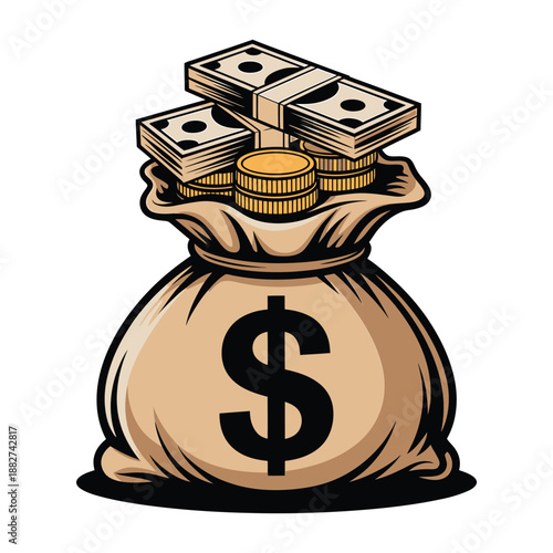 a burlap sack filled with money and gold coins featuring a dollar symbol