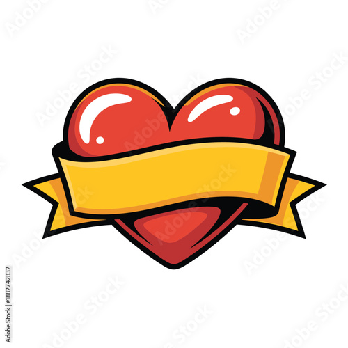 a vibrant red heart shape with a yellow banner illustration isolated on white