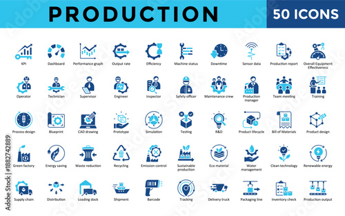 Production icons set with kpi, dashboard, performance graph, shipment, barcode, tracking, output rate efficiency, machine status, downtime icon. Simple flat blue vector 
