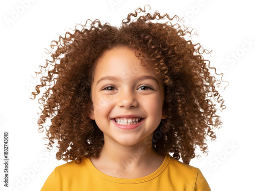Young girl with curly hair smiling isolated on transparent background