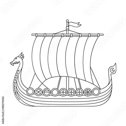 a detailed black and white drawing depicts a traditional viking ship with a dragon head