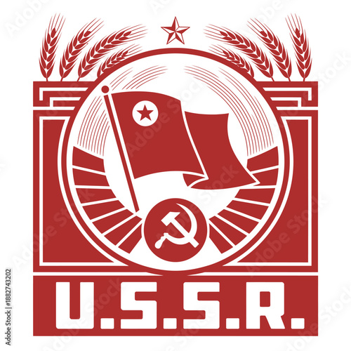 a red emblem featuring wheat a flag hammer sickle and the text u s s r