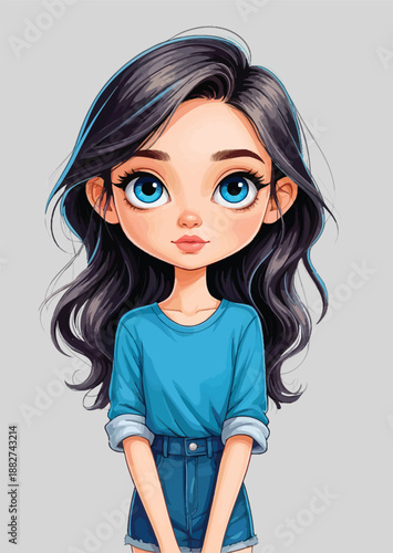 062-27-Cartoon character of a young girl with dark hair and blue eyes looking forward