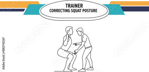 Black outline vector of a personal trainer correcting a client's squat posture