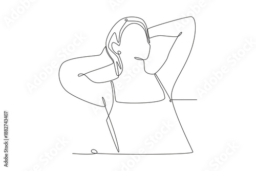 Woman is shampooing her hair with hair vitamins. Hair care across cultures concept one-line drawing