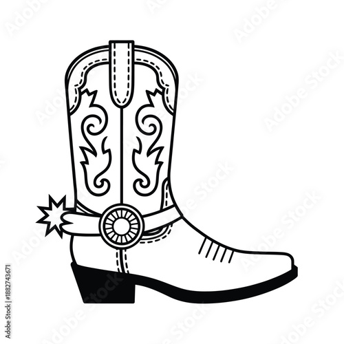 a black and white drawing of a classic cowboy boot with decorative stitching and a spur