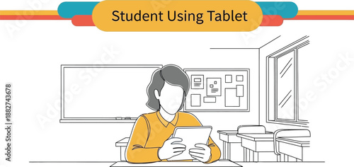 Black outline vector of an educator using a digital tablet for classroom learning