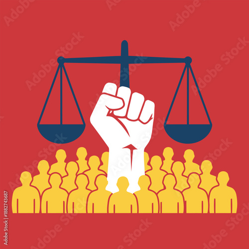 A powerful image depicting social justice, human rights, and collective action with a raised fist, scales of justice, and a crowd on a red background.