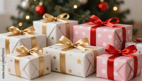 Wallpaper Mural Beautifully wrapped Christmas presents with festive ribbons in front of a decorated tree Torontodigital.ca