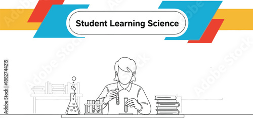 Black outline vector of a student learning science through laboratory practice