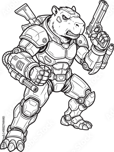 Combat cybernetic Capybara. Hand drawn vector illustration