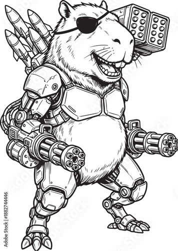 Combat cybernetic Capybara. Hand drawn vector illustration