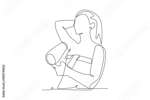Woman is drying her hair. Hair care across cultures concept one-line drawing