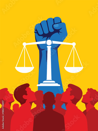 A powerful blue fist holding the scales of justice above a crowd of people demanding equality and rights against a vibrant yellow background.