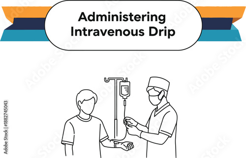 Black outline vector of a nurse preparing an intravenous drip