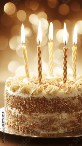 memorable. A beautifully decorated birthday cake with glowing candles, creating a festive atmosphere. symbolizing life milestones and joyful moments.
