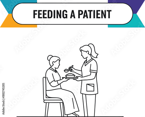 Black outline vector of a nurse feeding an elderly patient with a spoon