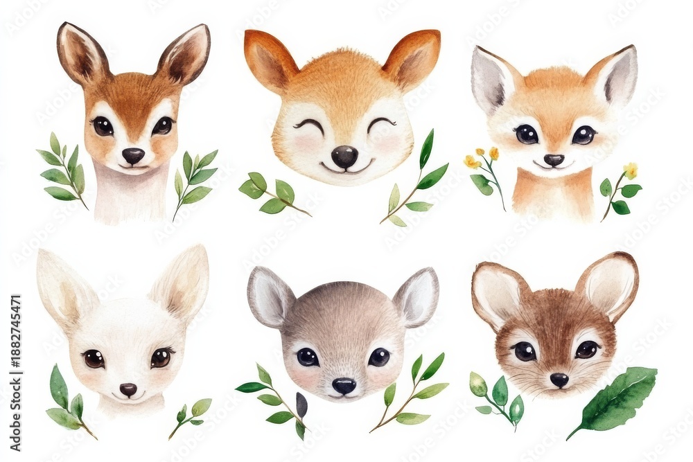 Obraz premium Cute animal faces with watercolor style on white background showing various expressions and features of animals in a colorful and vibrant way