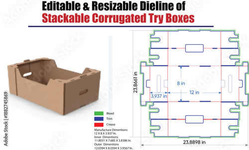Corrugated Try Box Dieline with Dimensions and Color Coding