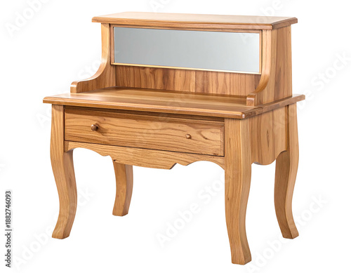 Elegant wooden vanity with mirror, single drawer, and curved legs